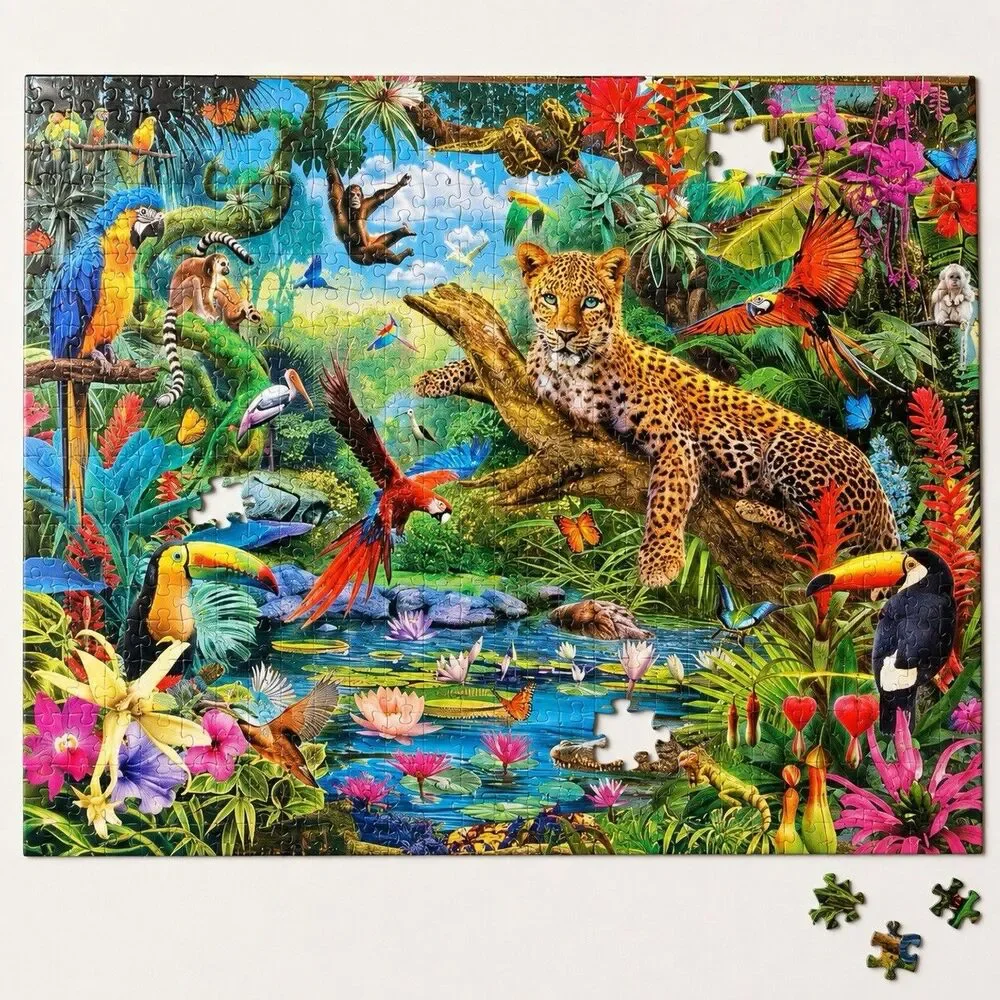 Vivid Leopard Jungle 1000 Pc Puzzle Jaguar Parrots Toucan Tropical Birds Buffalo